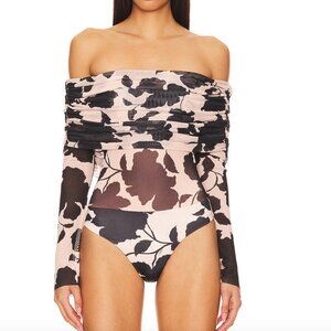 NEW AFRM Maxine Bodysuit Shadow Floral Cream Black Long Sleeve